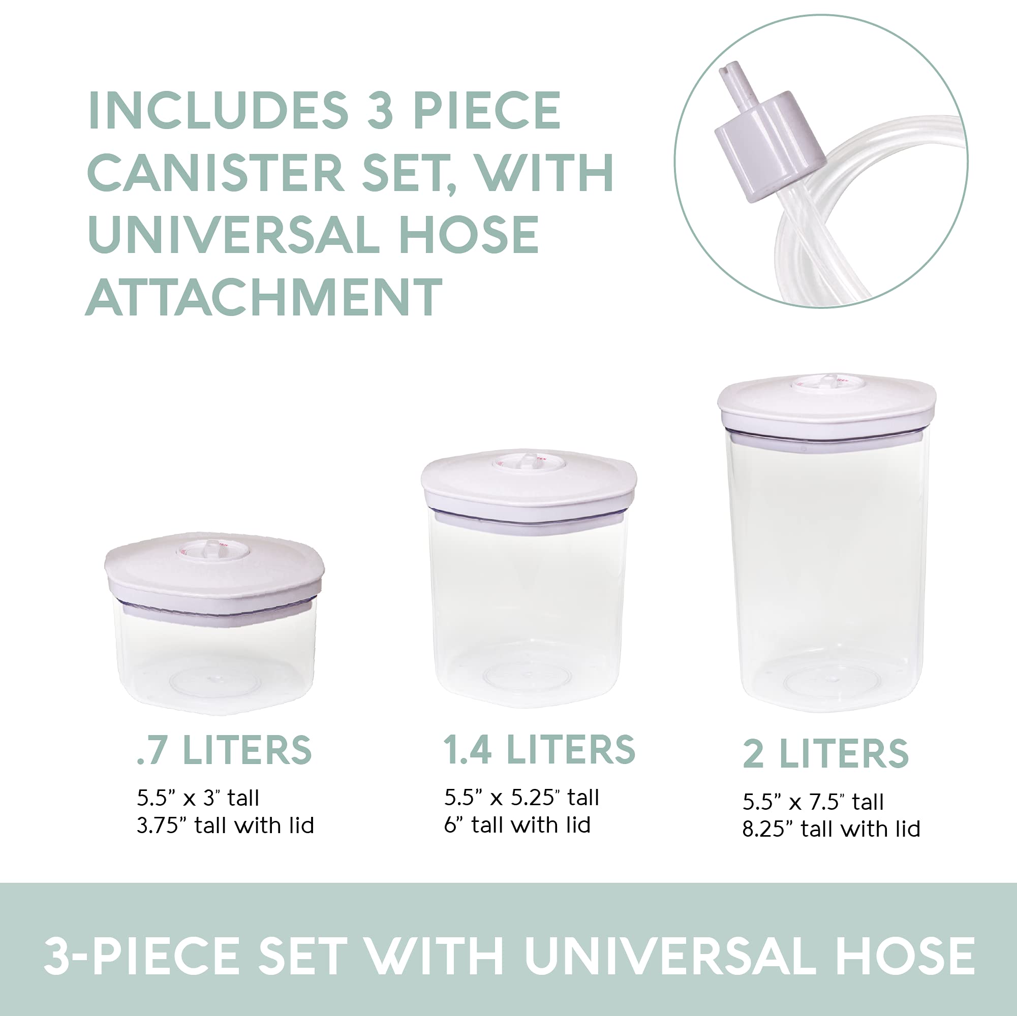 Avid Armor Vacuum Food Containers 3 Piece Set for Home Kitchen, Coffee Drinkers, Pasta Lovers Keep Your Food Fresh Cannister Sizes: 2L, 1.4L, and 0.7L Complete with Accessory Hose. BPA Free.