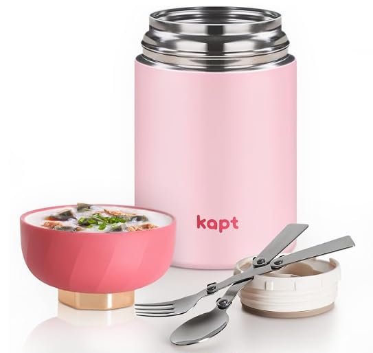 Avovy Thermos for Hot Food - 22 Oz Insulated Food Jar, Insulated Lunch Container with Bowl, Foldable Spoon& Fork, Powerful Insulated Food Thermos for School Office Camping Travel (Pink)