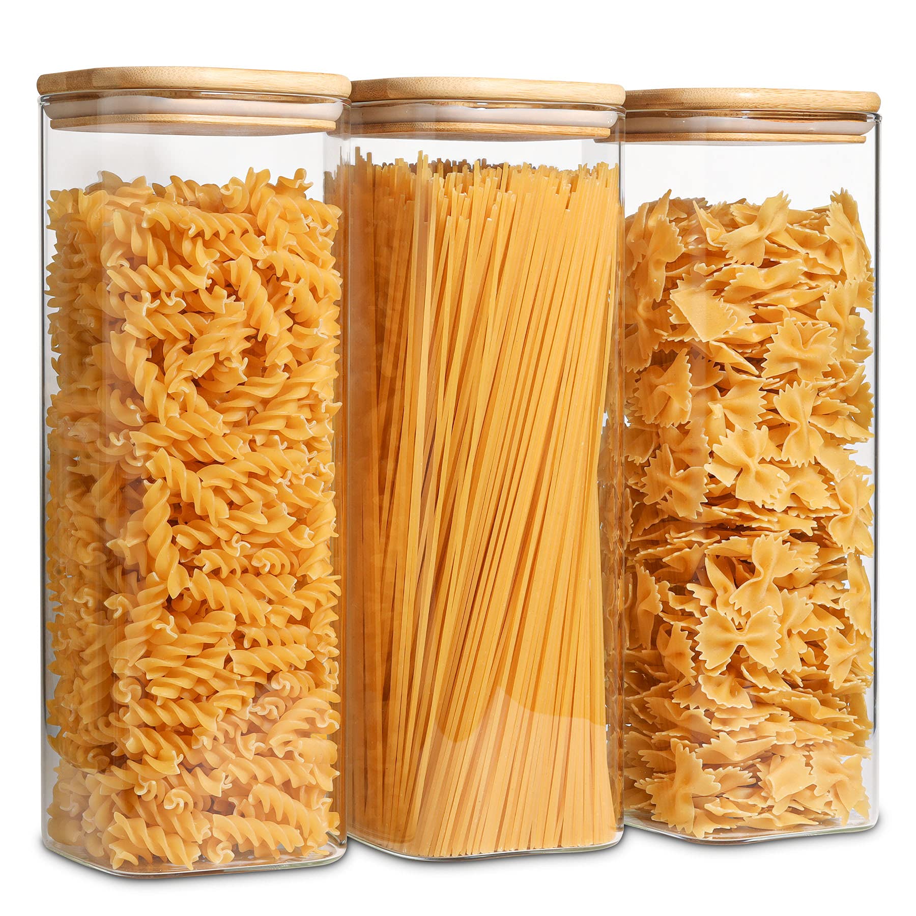 ComSaf Glass Spaghetti Pasta Storage Containers with Lids 74oz Set of 3, Tall Clear Airtight Food Storage Jar with Bamboo Lid for Noodles Flour Cereal Sugar Beans, Sqaure Spaghetti Pantry Container