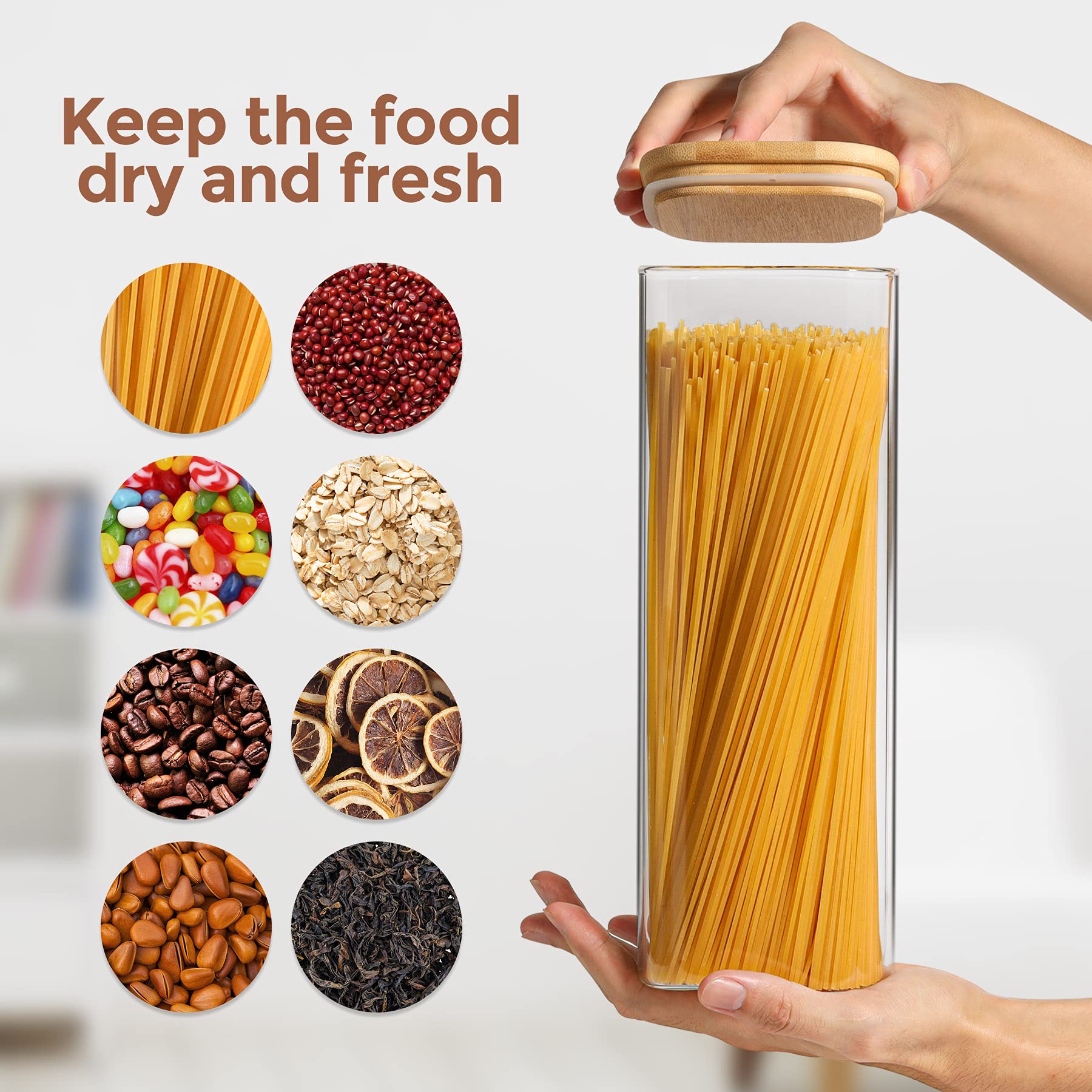 ComSaf Glass Spaghetti Pasta Storage Containers with Lids 74oz Set of 3, Tall Clear Airtight Food Storage Jar with Bamboo Lid for Noodles Flour Cereal Sugar Beans, Sqaure Spaghetti Pantry Container