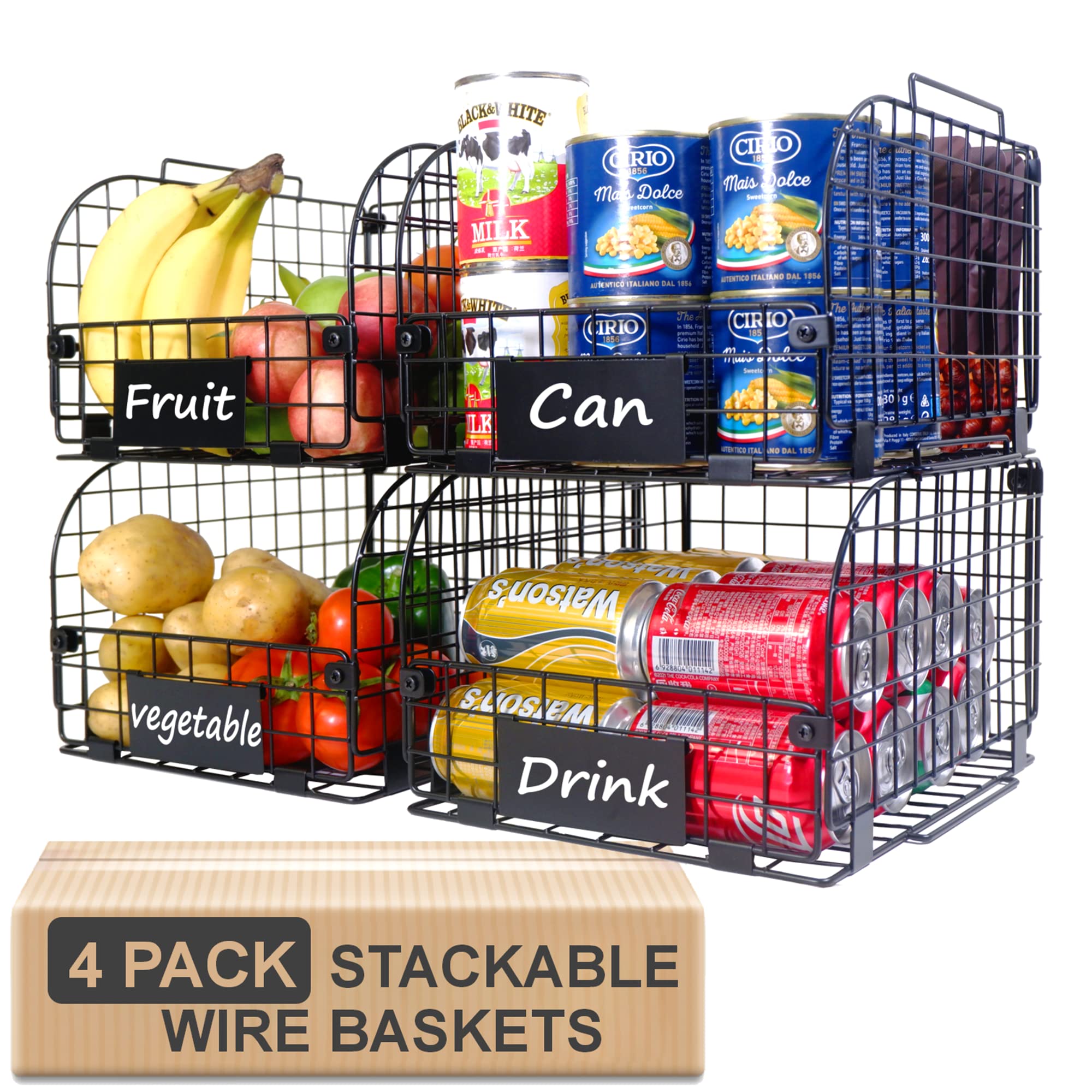 4 PACK Wire Stackable Baskets for Organizing,Fruit Basket for Kitchen,Pantry organizers and storage,12"x10.4"x7.8" Metal Baskets,Vegetable,Fruit,Snack,Onion,Potato,Can,K-Cup Organization,Black