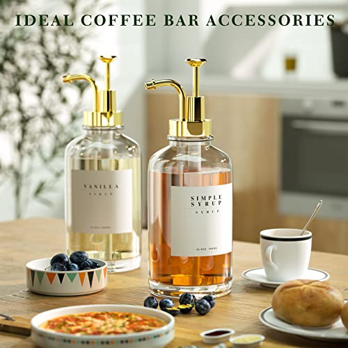 TIMIFTE Coffee Syrup Dispenser for Coffee Bar Accessories，Coffee Pump Dispenser, Glass Syrup Bottle with Gold Pumps and 42 Labels, 16.9 oz 500 ml (4 Pack)