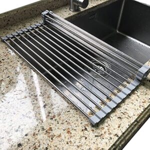 Tomorotec Roll Up Dish Drying Rack, Over The Sink Portable Stainless Steel Rolling Rack Multipurpose Kitchen Drainer Caddy Organizer Storage Space Saver Shelf Holder, Gray