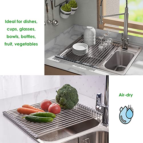 Tomorotec Roll Up Dish Drying Rack, Over The Sink Portable Stainless Steel Rolling Rack Multipurpose Kitchen Drainer Caddy Organizer Storage Space Saver Shelf Holder, Gray