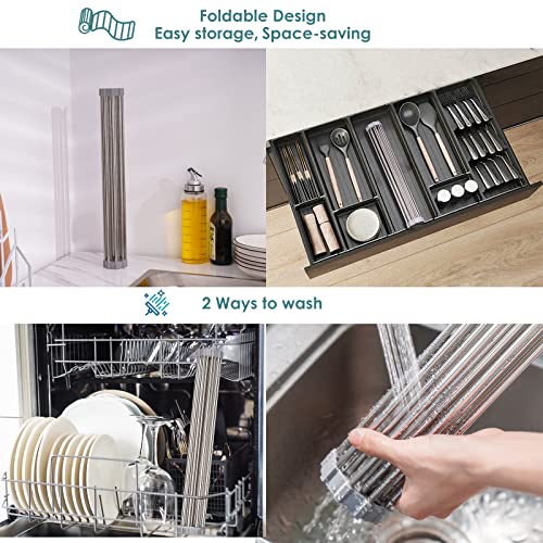 Tomorotec Roll Up Dish Drying Rack, Over The Sink Portable Stainless Steel Rolling Rack Multipurpose Kitchen Drainer Caddy Organizer Storage Space Saver Shelf Holder, Gray