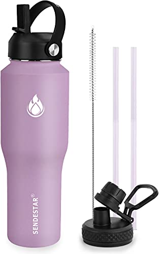 SENDESTAR Water Bottle 32oz-64 oz,2 Lids(Straw lid),Wide Mouth Stainless Steel Vacuum Insulated Double Wall Keep Liquids Cold or Hot All Day,Sweat Proof Sport Design (32 oz, 32oz-Lilac)