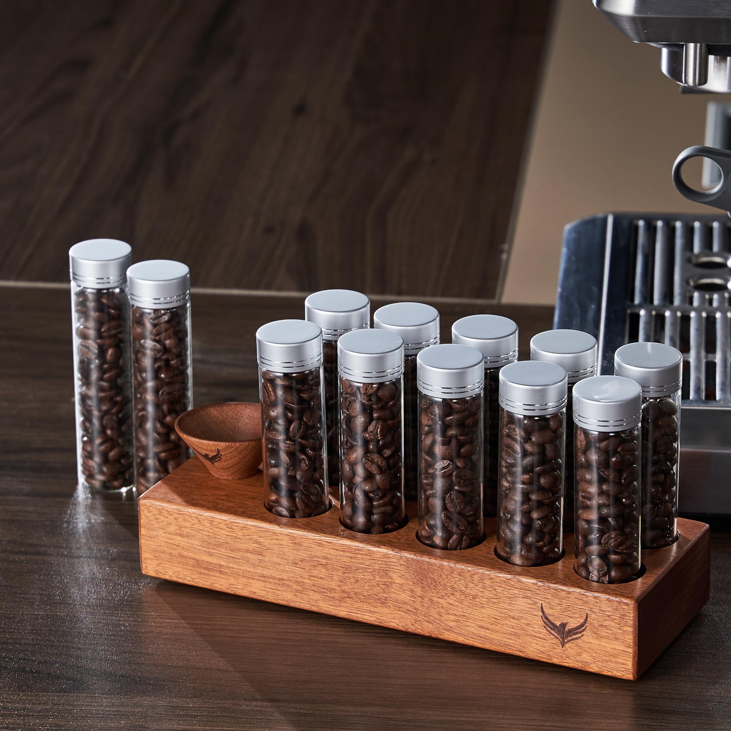 Single Dose Coffee Bean Storage Tubes KNODOS Coffee Bean Cellar 10 Pcs Dosing Glass Vials With Lids (2 Oz) Wooden Display Stand And Funnel