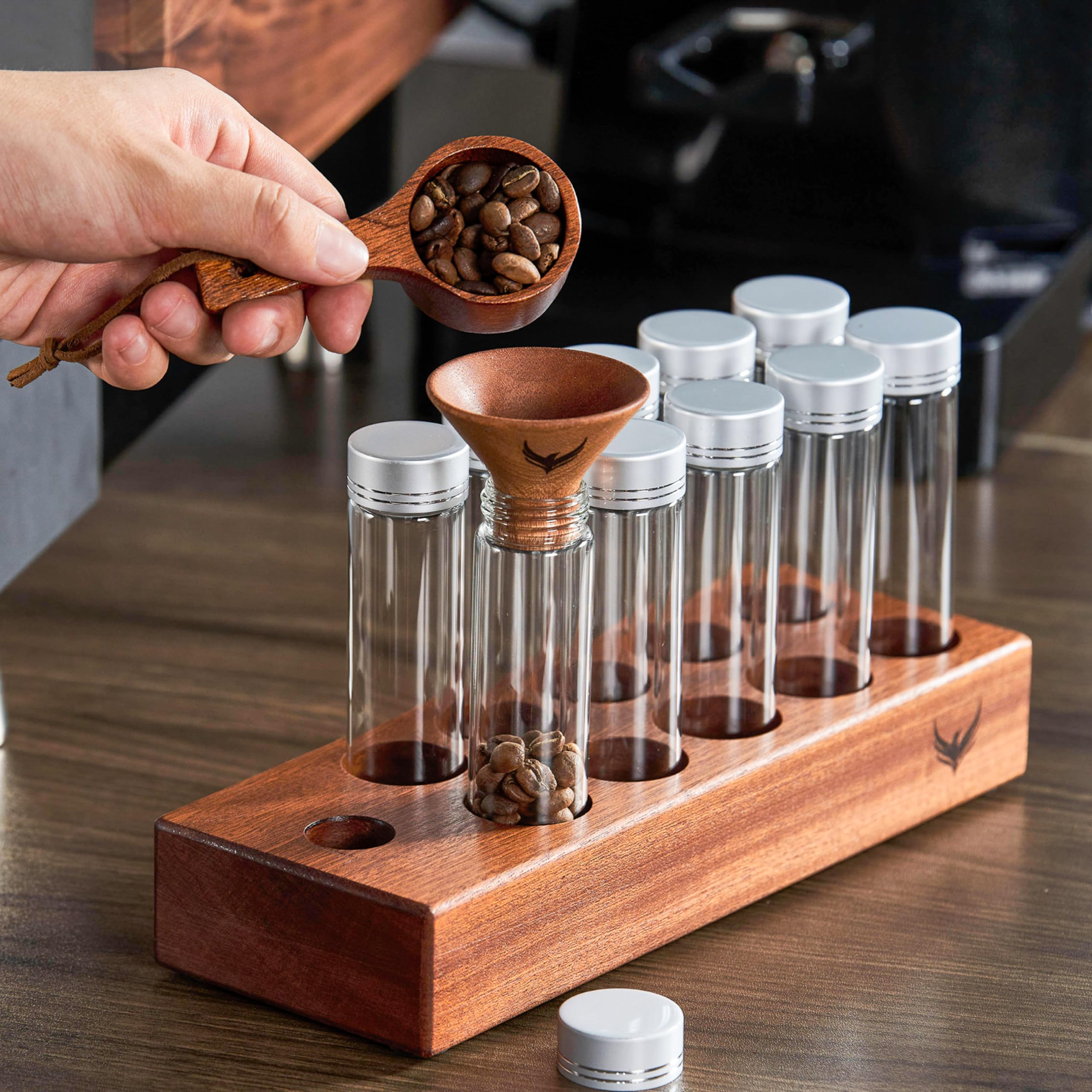 Single Dose Coffee Bean Storage Tubes KNODOS Coffee Bean Cellar 10 Pcs Dosing Glass Vials With Lids (2 Oz) Wooden Display Stand And Funnel