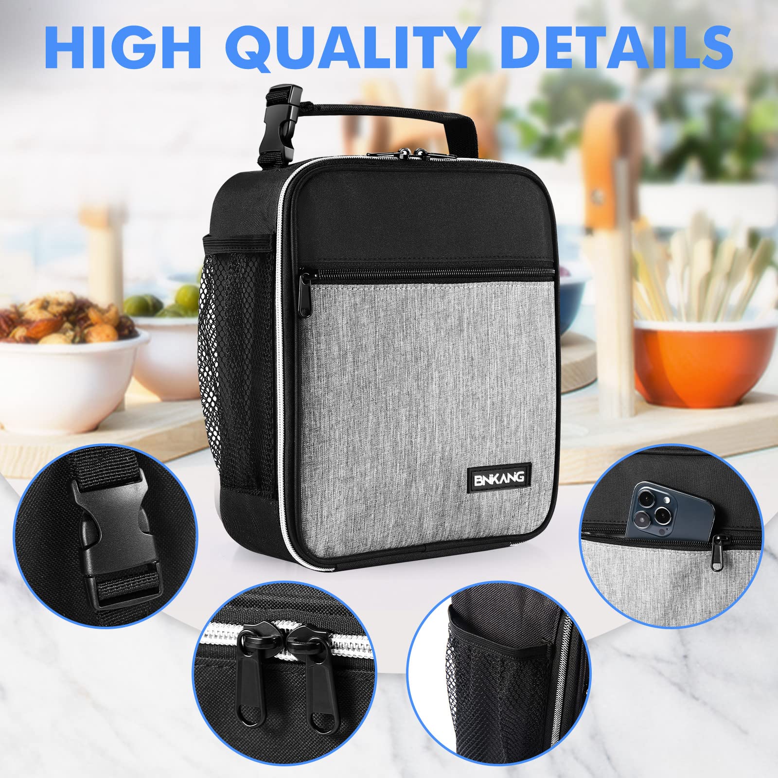 Lunch Box Insulated Lunch Bag - Durable Small Lunch Bag Reusable Adults Tote Bag Lunch Box for Adult Men Women (Black with Gray)