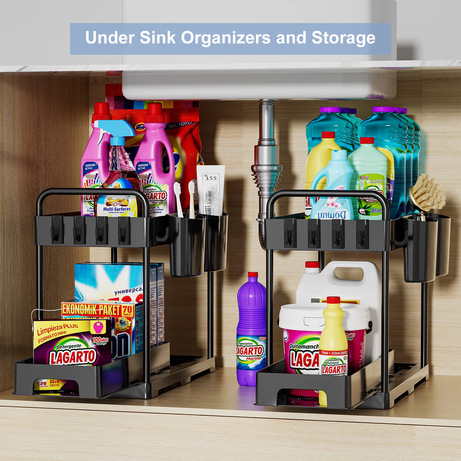 USFU Under Over Sink Organizer and Storage, Under bins for Kitchen and Bathroom Sink Organizers and Storage Cabinet Cleaning Supplies Organizer Shelf Sliding Drawer(2 Packs)