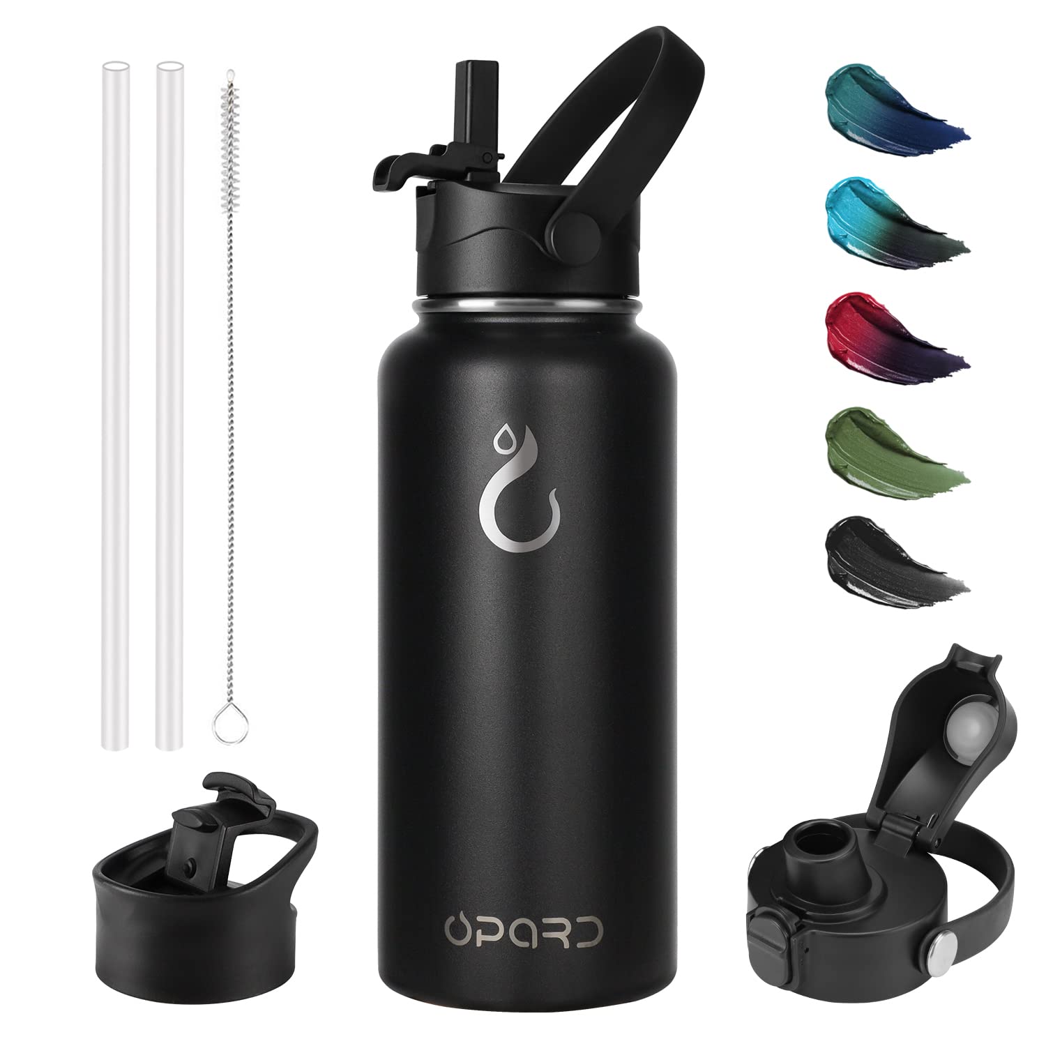 Opard Sports Water Bottle - 32 Oz, 3 Lids (Straw Lid, Flip Lid, Spout Lid), Leak Proof, Vacuum Insulated Stainless Steel, Double Walled, Reusable Metal Canteen