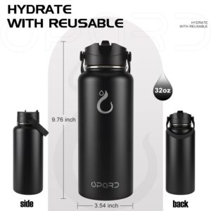 Opard Sports Water Bottle - 32 Oz, 3 Lids (Straw Lid, Flip Lid, Spout Lid), Leak Proof, Vacuum Insulated Stainless Steel, Double Walled, Reusable Metal Canteen