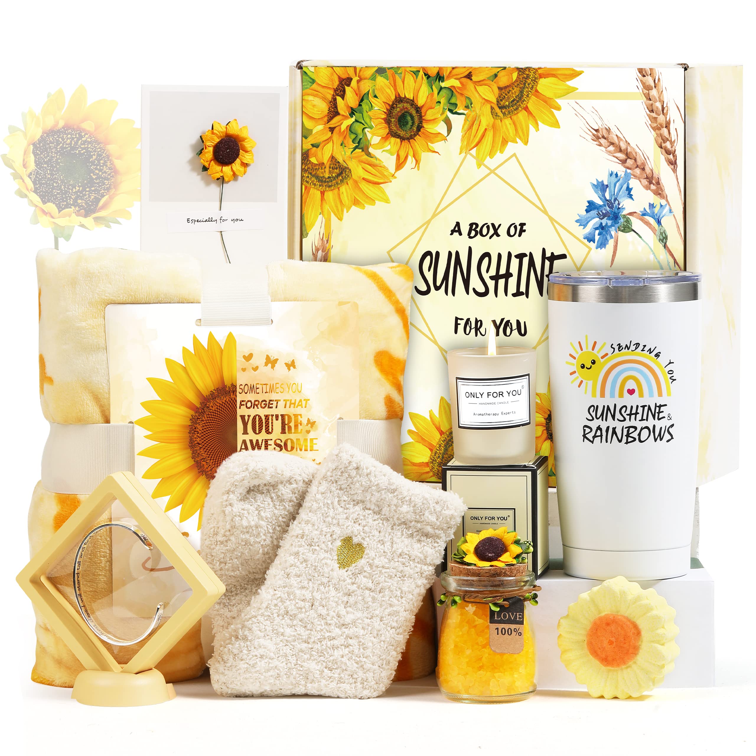 Sending Sunshine Gift, 9 Pcs Sunflower Gifts for Women, Get Well Soon Gifts Basket Care Package Birthday Gifts Box Thinking of You Gift for Women with Inspirational Blanket Candle for Mom, Sister, Her