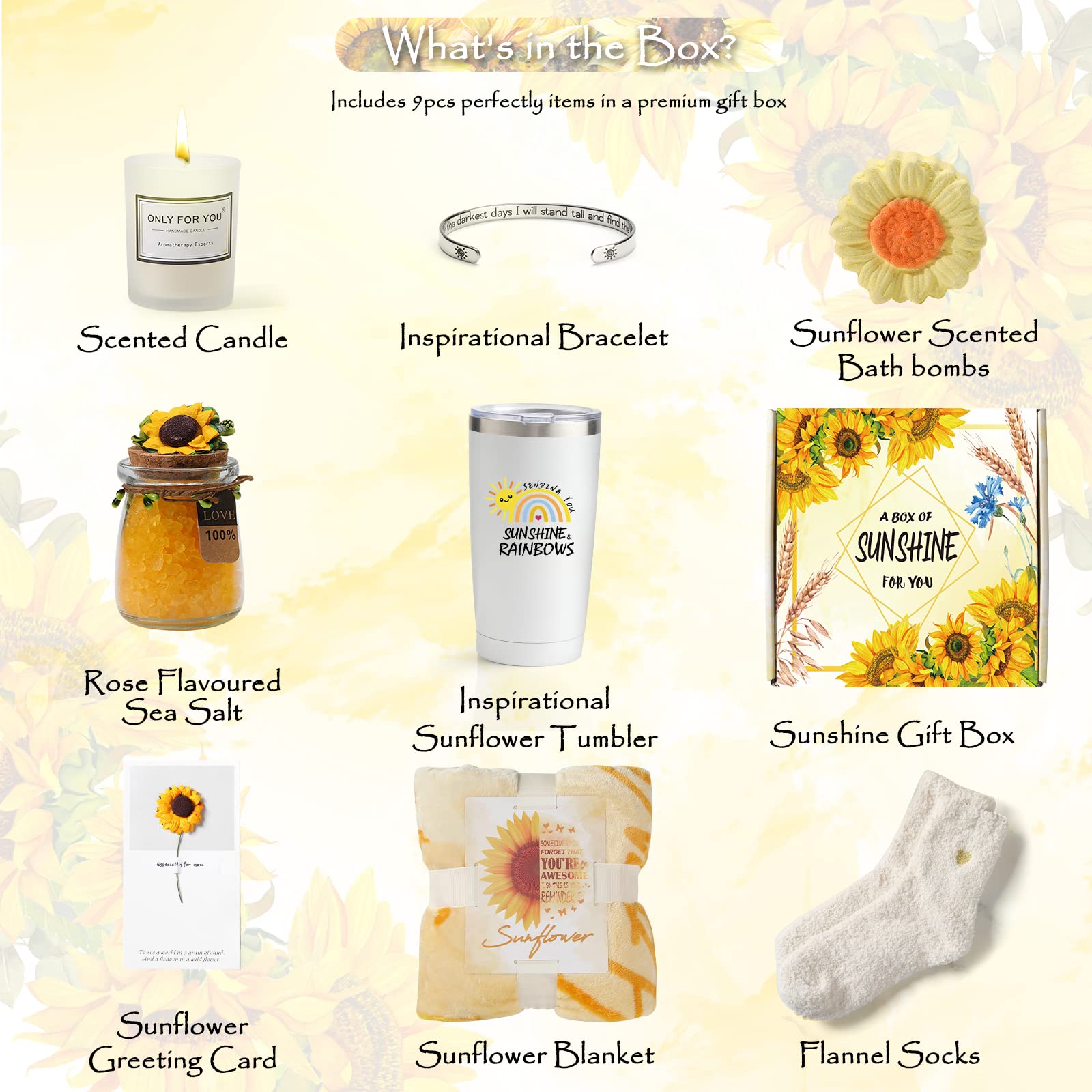 Sending Sunshine Gift, 9 Pcs Sunflower Gifts for Women, Get Well Soon Gifts Basket Care Package Birthday Gifts Box Thinking of You Gift for Women with Inspirational Blanket Candle for Mom, Sister, Her