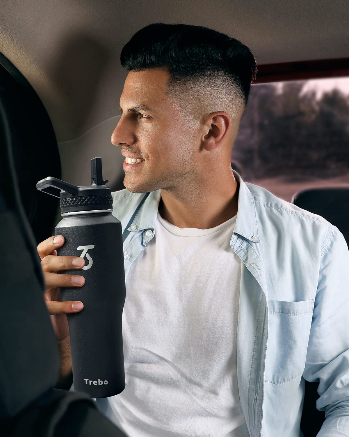 Trebo Water Bottle 32oz with Paracord Handle,Food-grade Double Wall Vacuum Stainless Steel Insulated Tumbler Flask with Straw Spout Lids,Leakproof Keep Cold & Hot,Fit in Any Car Cup Holder,Black