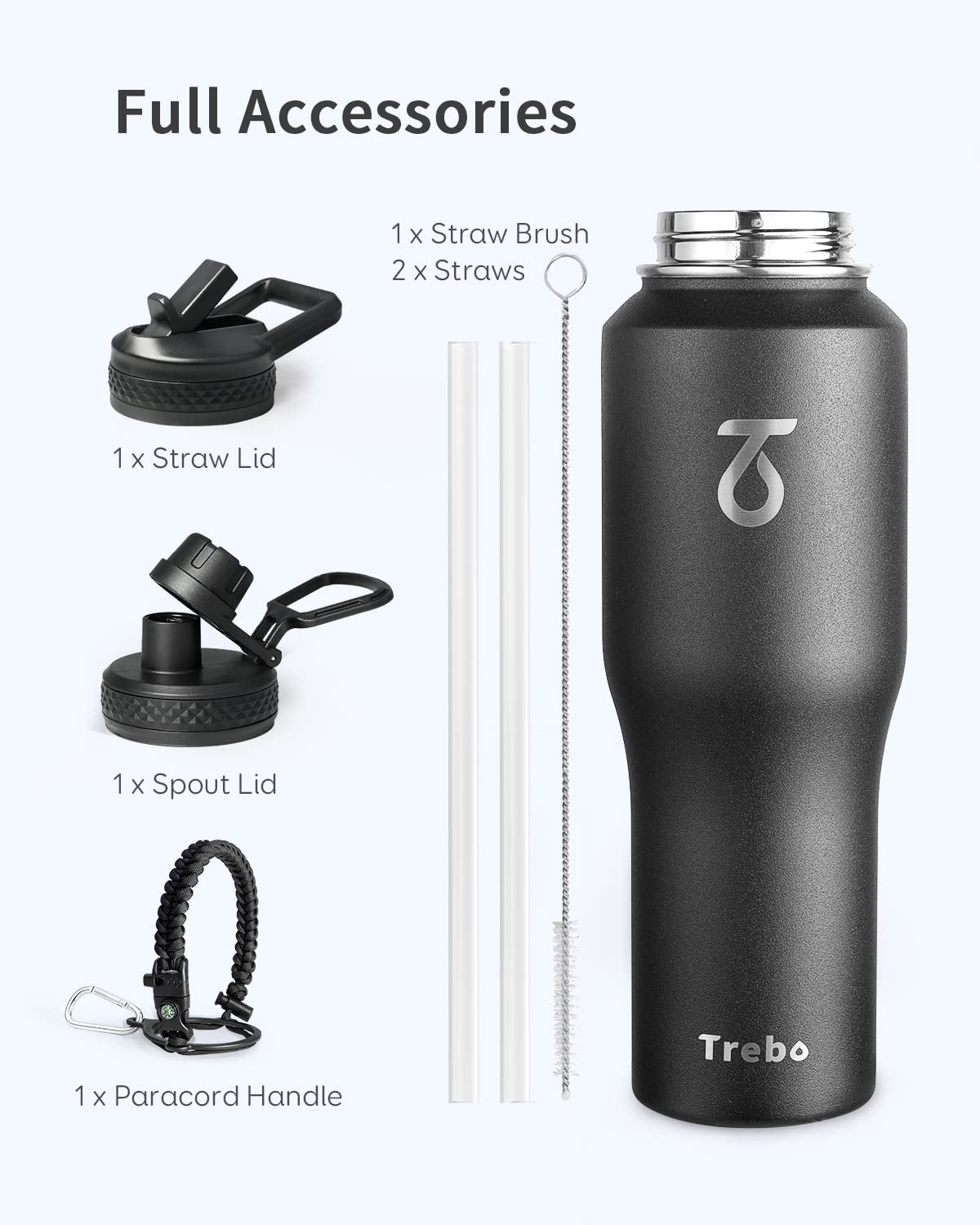 Trebo Water Bottle 32oz with Paracord Handle,Food-grade Double Wall Vacuum Stainless Steel Insulated Tumbler Flask with Straw Spout Lids,Leakproof Keep Cold & Hot,Fit in Any Car Cup Holder,Black