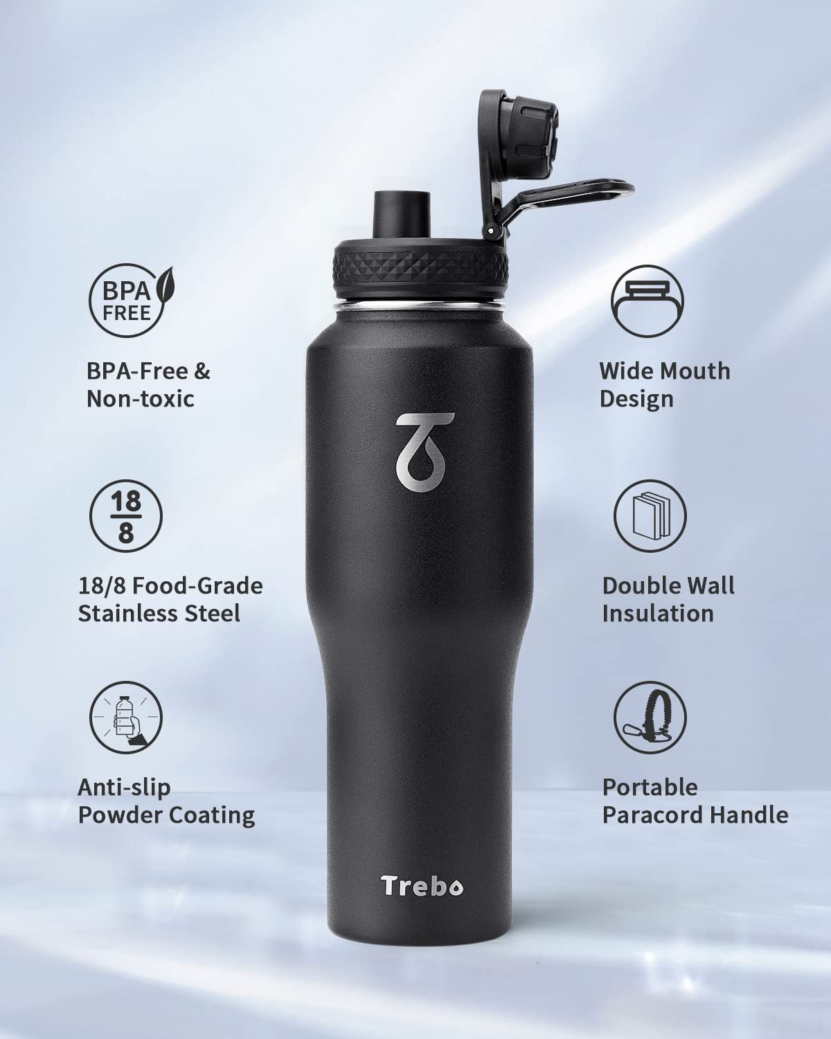 Trebo Water Bottle 32oz with Paracord Handle,Food-grade Double Wall Vacuum Stainless Steel Insulated Tumbler Flask with Straw Spout Lids,Leakproof Keep Cold & Hot,Fit in Any Car Cup Holder,Black