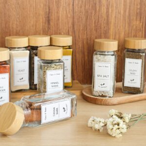 CUCUMI 36pcs 4oz Spice Jars with Labels, Glass Spice Jars with Bamboo Lids, Shaker Lids, Silicone Collapsible Funnel, Waterproof Labels, Test Tube Brush and Chalk Marker