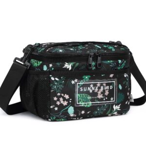 sunny bird insulated lunch bag with foldable and leakproof design, thermally insulated, shoulder strap for women, men and teen (floral & foliage)