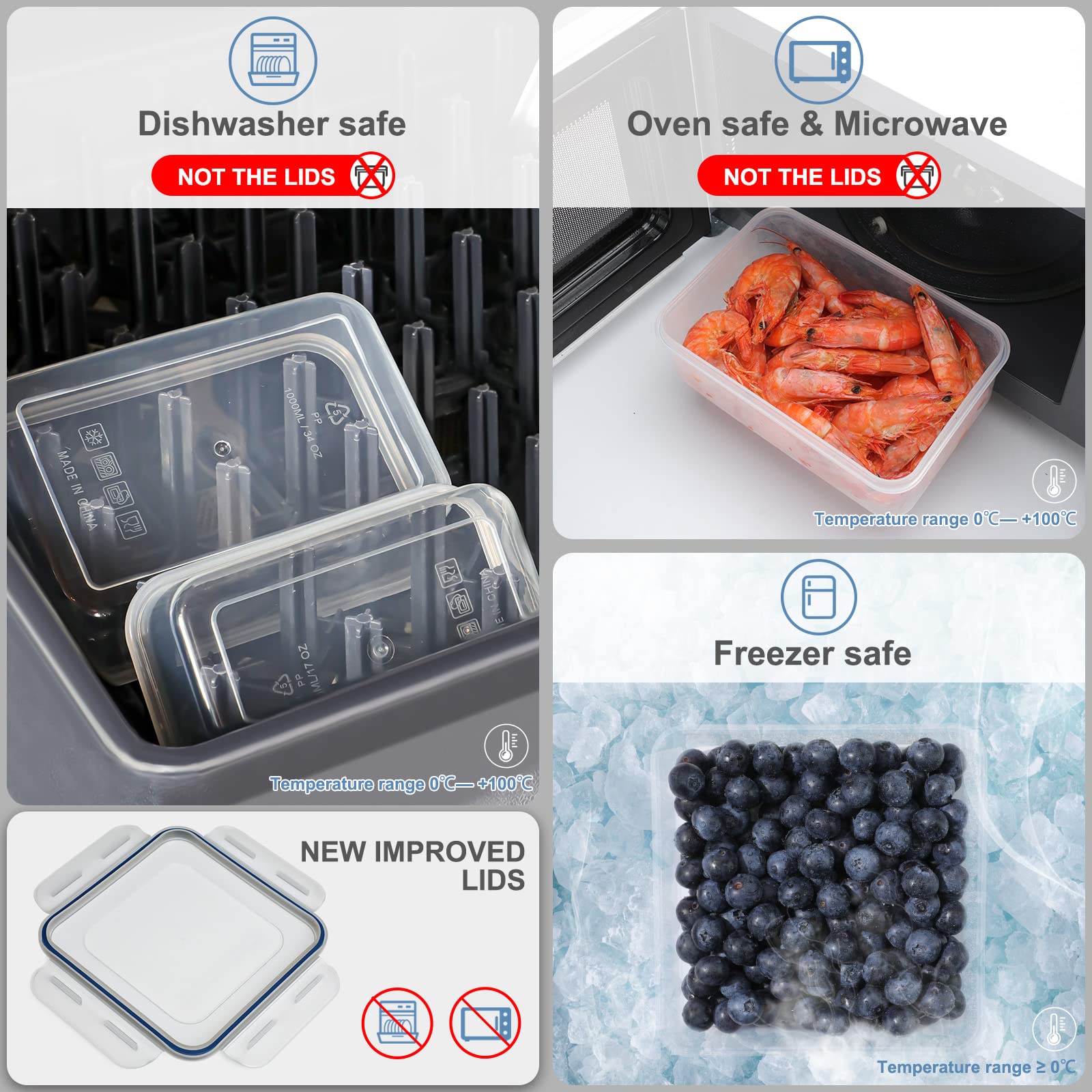 KITHELP Large Food Storage Containers Set - Pack of 16 (8 Containers & 8 Lids) 15-85 Oz Plastic Food Containers with Lids - Leak Proof & BPA-Free & Microwave, Dishwasher Safe for Kitchen Storage