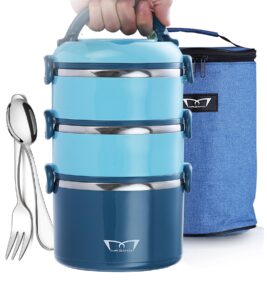 mr.dakai bento box adult lunch box -81oz stackable bento lunch box for adults,3-tier all-in-one insulated thermal food containers,leakproof lunchbox with bag/utensil for dining out,work,blue