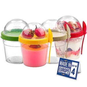 crystalia yogurt parfait cups with lids, breakfast on the go plastic bowls with topping cereal oatmeal salad or fruit container with spoon for snack box, reusable set of 4 (small 17 oz)