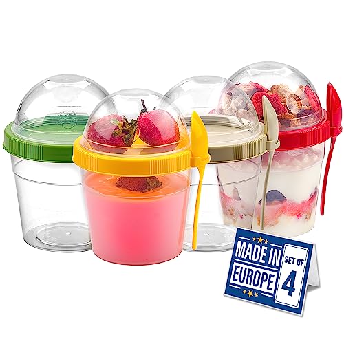 Crystalia Yogurt Parfait Cups with Lids, Breakfast On the Go Plastic Bowls with Topping Cereal Oatmeal Salad or Fruit Container with Spoon for Snack Box, Reusable Set of 4 (Small 17 oz)