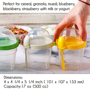 Crystalia Yogurt Parfait Cups with Lids, Breakfast On the Go Plastic Bowls with Topping Cereal Oatmeal Salad or Fruit Container with Spoon for Snack Box, Reusable Set of 4 (Small 17 oz)