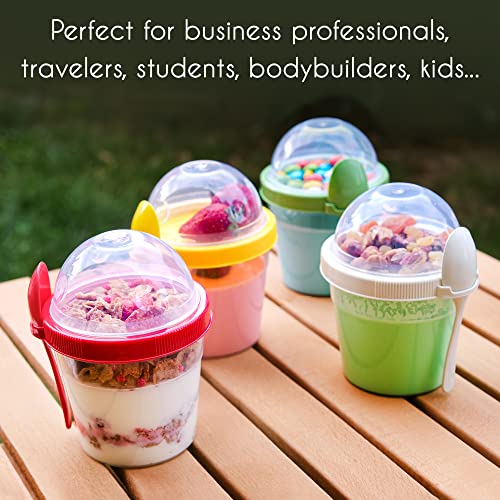 Crystalia Yogurt Parfait Cups with Lids, Breakfast On the Go Plastic Bowls with Topping Cereal Oatmeal Salad or Fruit Container with Spoon for Snack Box, Reusable Set of 4 (Small 17 oz)