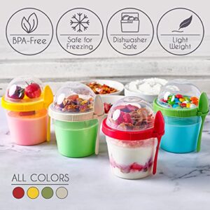 Crystalia Yogurt Parfait Cups with Lids, Breakfast On the Go Plastic Bowls with Topping Cereal Oatmeal Salad or Fruit Container with Spoon for Snack Box, Reusable Set of 4 (Small 17 oz)