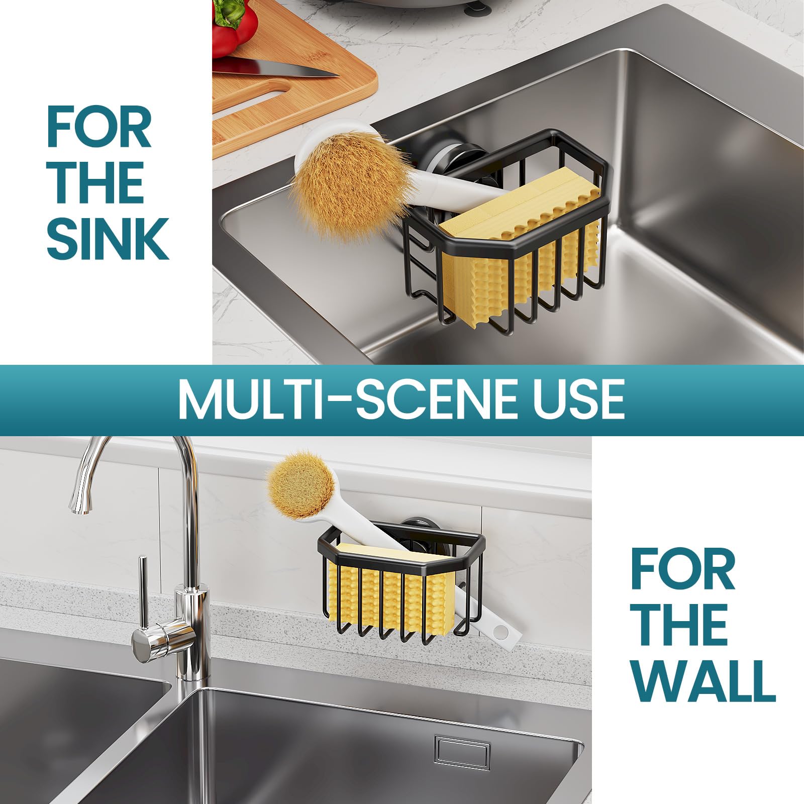 TAILI Sponge Holder with Strong Suction Cup, Dish Sponge Caddy Inside Sink Removable, Rustproof Aluminum for Sponges, Brushes, Stoppers and Scrapers - Black