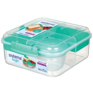 Sistema Bento Box Lunch Box with 3 Compartments, 2 Removable Trays, and Salad Dressing Container, Dishwasher Safe, Color May Vary