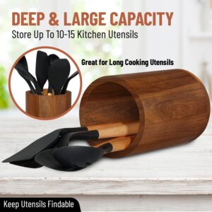 Acacia wood Utensil Holder for Kitchen Counter Decor, Flatware & Utensil Storage Organizer - Kitchen Utensil Organizer for Countertops, Pantry, Bathroom, Office & Center Table