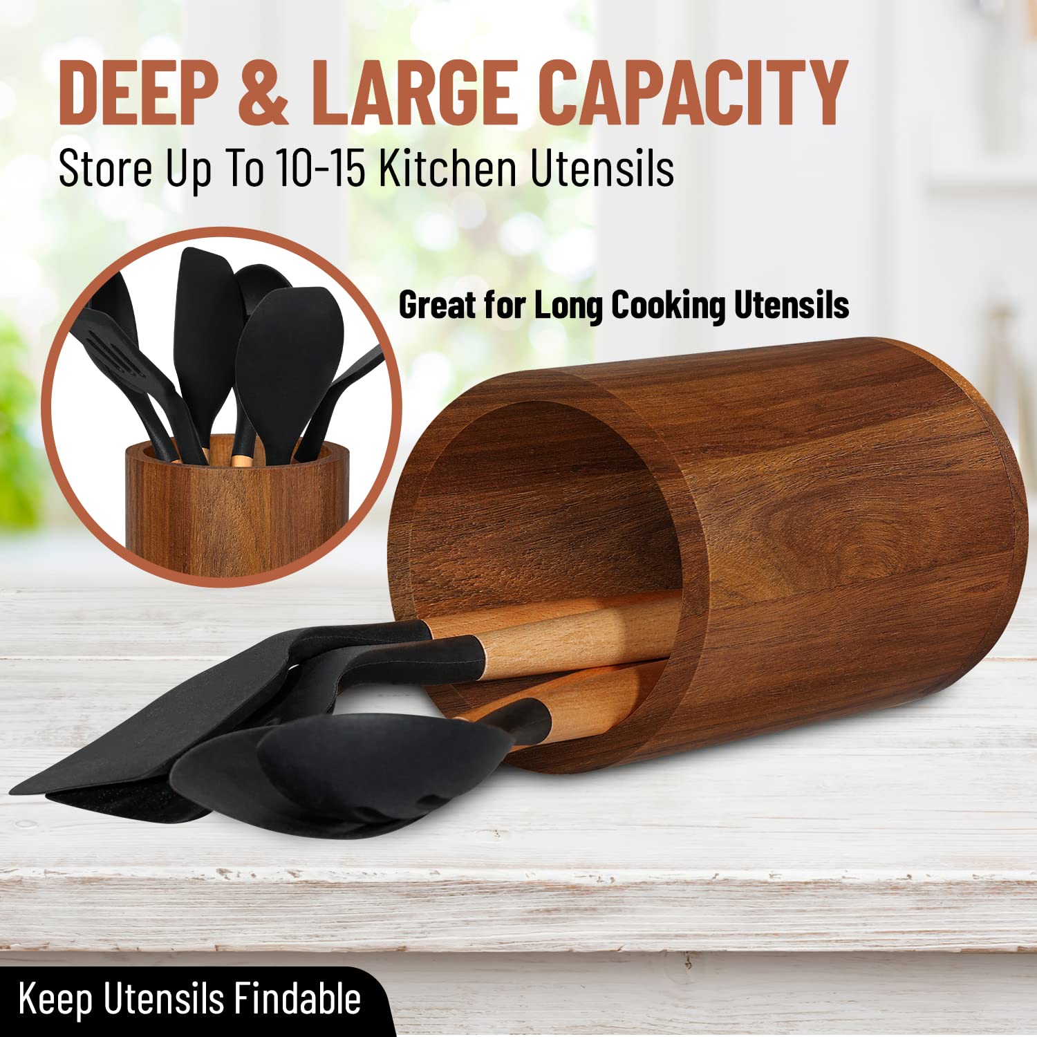 Acacia wood Utensil Holder for Kitchen Counter Decor, Flatware & Utensil Storage Organizer - Kitchen Utensil Organizer for Countertops, Pantry, Bathroom, Office & Center Table