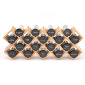 kamenstein 18 jar criss-cross 2-in-1 spice organizer for countertop or wall with spices included, free spice refills for 5 years, bamboo with black caps