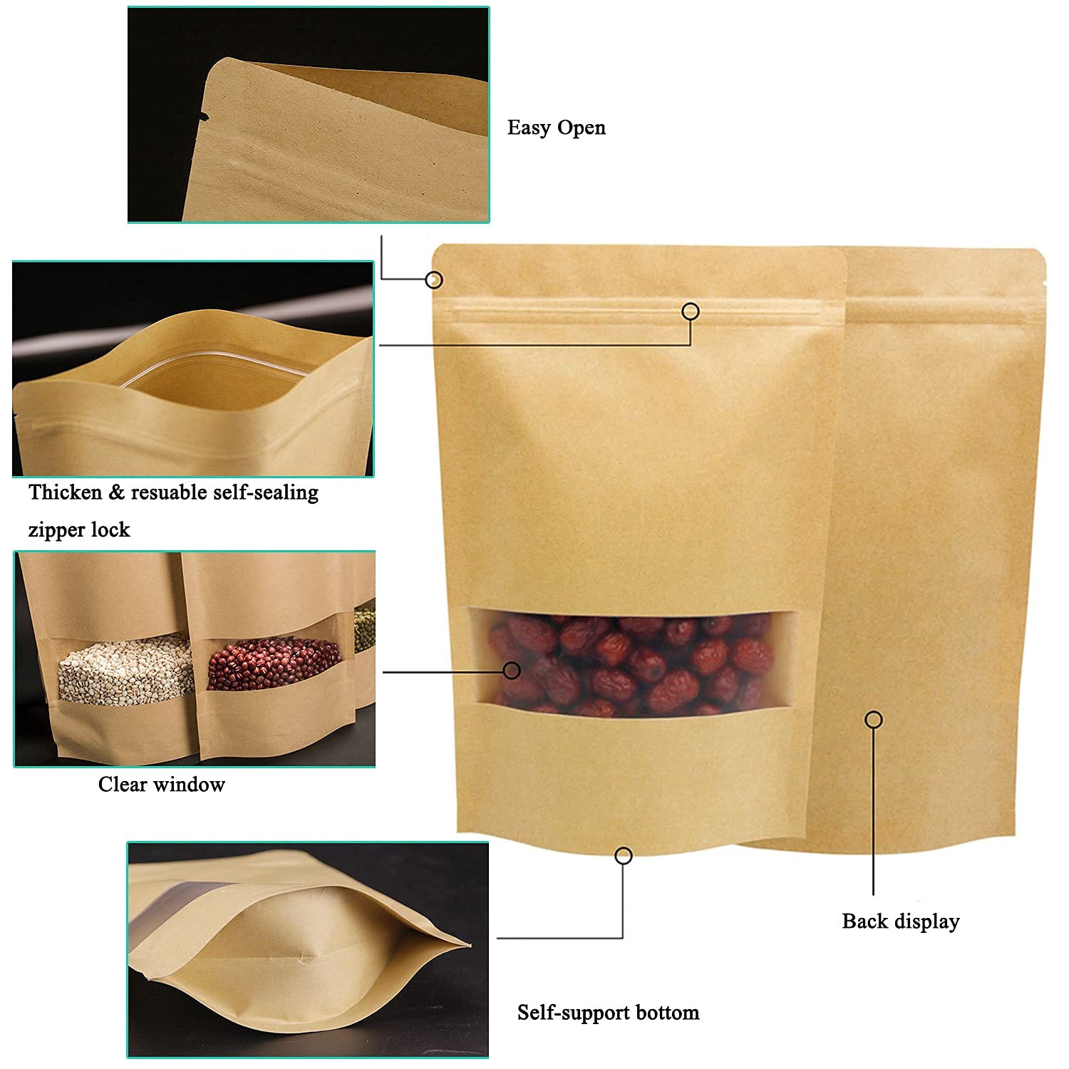 100pcs Kraft Paper Treat Bags with Window, Ziplock Stand Up Pouches for Packing Food Cookies Snacks