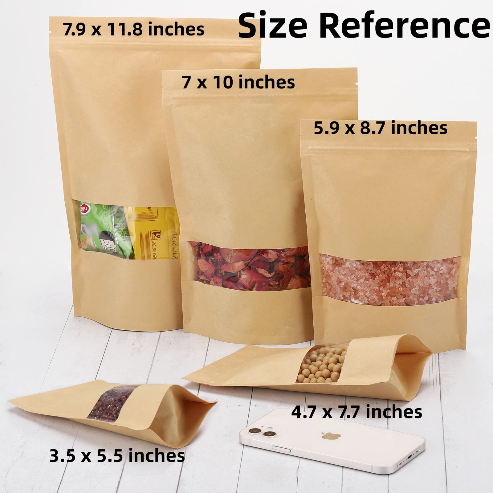 100pcs Kraft Paper Treat Bags with Window, Ziplock Stand Up Pouches for Packing Food Cookies Snacks