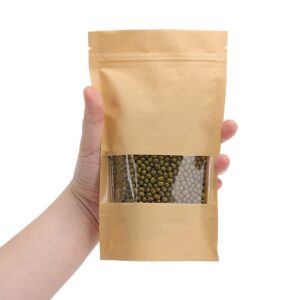 100pcs Kraft Paper Treat Bags with Window, Ziplock Stand Up Pouches for Packing Food Cookies Snacks