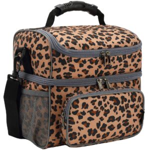 flowfly double layer cooler insulated lunch bag adult lunch box large tote bag for men, women, with adjustable strap,front pocket and dual large mesh side pockets,leopard