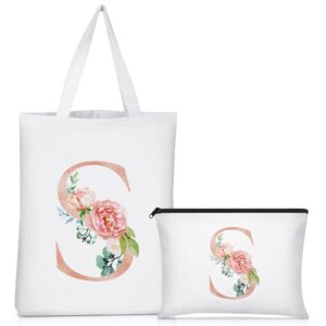 sanwuta 2 pcs initial canvas tote bags floral letter travel cosmetic bags personalized beach bags monogrammed bags portable makeup zipper pouch for woman girl lady birthday wedding(letter s)