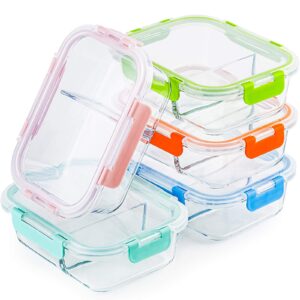 c crest glass meal prep containers 2 compartment set, 5-pack, 34oz, glass bento boxes for adults, divided glass lunch containers with lids