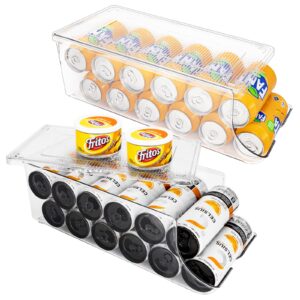 scavata standard & skinny can organizer for refrigerator, stackable soda pop can holder dispenser with lid for fridge pantry rack freezer, clear plastic storage bins-holds 12 cans each (clear)
