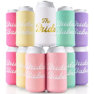 bride's babes bachelorette party skinny can sleeves 11 pack - insulated neoprene drink holders, fit slim spiked hard seltzer beer cans bridal shower decorations supplies favors (retro rainbow)