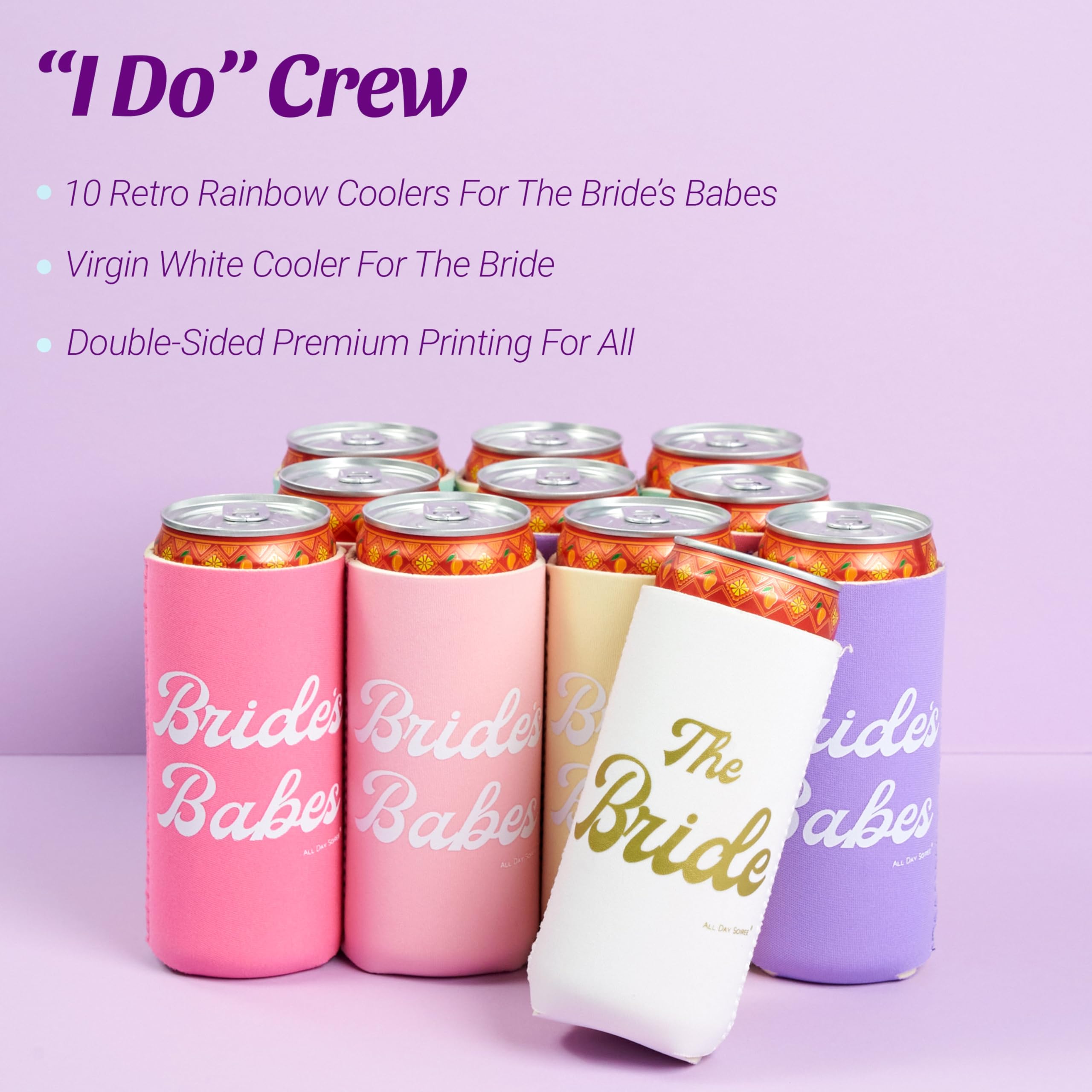 Bride's Babes Bachelorette Party Skinny Can Sleeves 11 Pack - Insulated Neoprene Drink Holders, Fit Slim Spiked Hard Seltzer Beer Cans Bridal Shower Decorations Supplies Favors (Retro Rainbow)