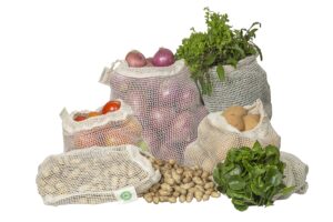 reusable cotton mesh produce bags - 100% organic cotton, durable, double stitched, washable with tare weight & drawstring - mesh bags for grocery shopping, vegetables & fruits | 6 bags (2l, 2m, 2s)