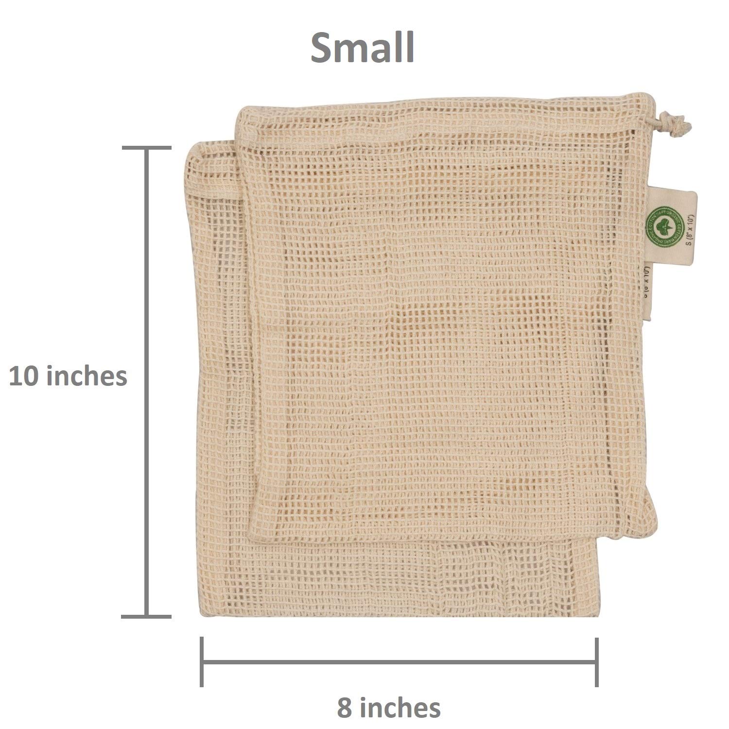 Reusable Cotton Mesh Produce Bags - 100% Organic Cotton, Durable, Double Stitched, Washable with Tare Weight & Drawstring - Mesh Bags for Grocery Shopping, Vegetables & Fruits | 6 Bags (2L, 2M, 2S)