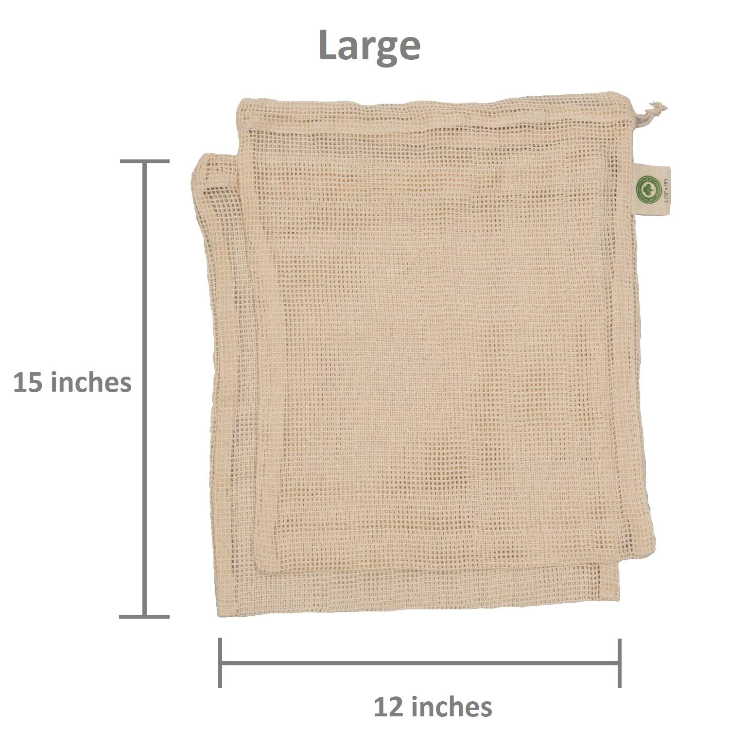 Reusable Cotton Mesh Produce Bags - 100% Organic Cotton, Durable, Double Stitched, Washable with Tare Weight & Drawstring - Mesh Bags for Grocery Shopping, Vegetables & Fruits | 6 Bags (2L, 2M, 2S)