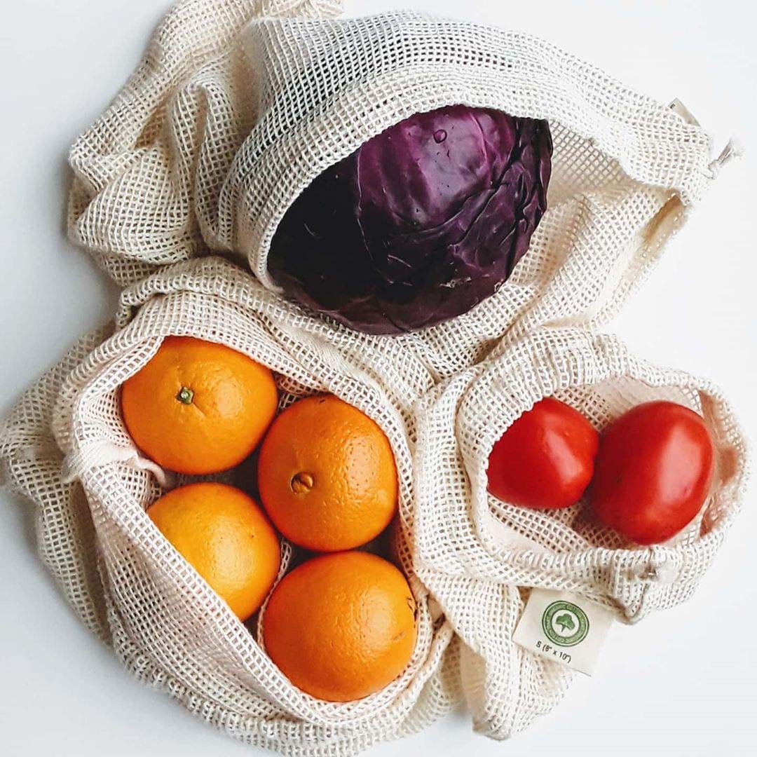 Reusable Cotton Mesh Produce Bags - 100% Organic Cotton, Durable, Double Stitched, Washable with Tare Weight & Drawstring - Mesh Bags for Grocery Shopping, Vegetables & Fruits | 6 Bags (2L, 2M, 2S)