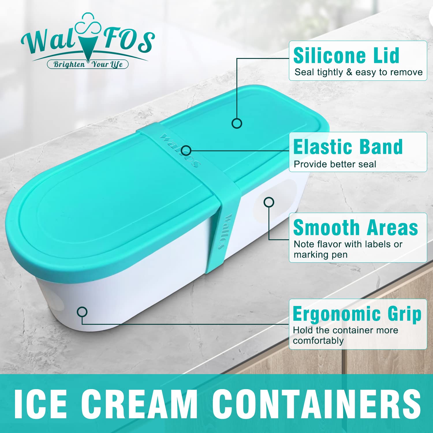 Walfos Ice Cream Containers - 1.6 Quart Each, Reusable Homemade Ice Cream Tubs with Silicone Lids, Stackable Freezer Storage Container for Yogurt, Sorbet, Gelato, Bonus 2 Bands, 12 Stickers, Set of 2