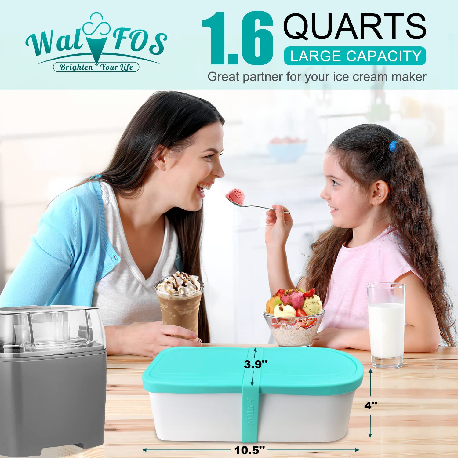 Walfos Ice Cream Containers - 1.6 Quart Each, Reusable Homemade Ice Cream Tubs with Silicone Lids, Stackable Freezer Storage Container for Yogurt, Sorbet, Gelato, Bonus 2 Bands, 12 Stickers, Set of 2